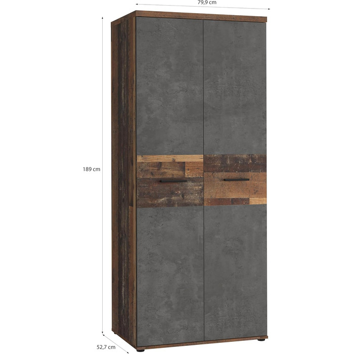 Гардероб Forte Winnie 80, рустикальна шафа з орними дверима, 2-дверна, полиці, простора, декор Old Wood Vintage під дерево/імітація бетону темно-сірий, 79,9 см завширшки x 189 см заввишки x 53,7 см темно-коричневий/сірий