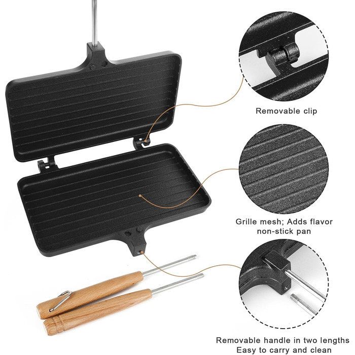 Сендвіч-машина з антипригарним покриттям Кемпінг з 4 знімними ручками Портативна бутербродниця для багаття Гірська пирогівниця Обладнання для приготування багаття