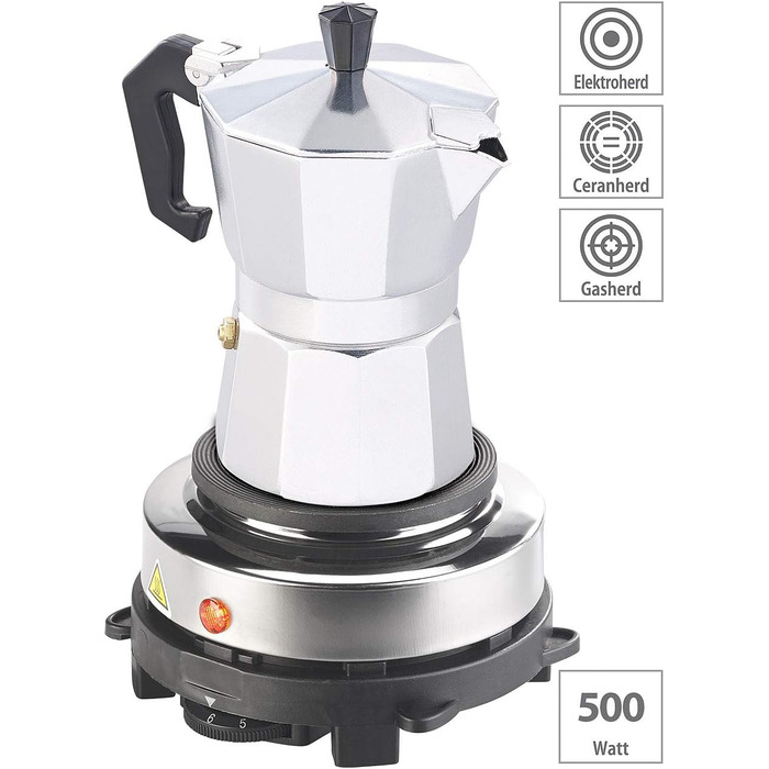 Гаряча плита Rosenstein & Shne електрична міні-одинарна конфорка та кавоварка для еспресо, 500 Вт, 3 чашки (міні-плита для еспресо-машини, мала конфорка для еспресо, індукційна плита)