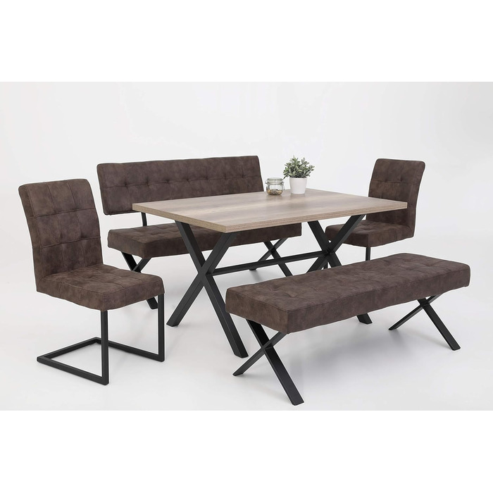 Обідня лавка Donna, зі спинкою, чохол Softex у вінтажному коричневому кольорі, Х-подібний металевий каркас кольору антрацит, 140x693 см Лавка зі спинкою