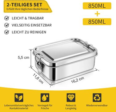 Набір металевих ланчбоксів Joyfair з роздільниками, 2 шт. Бенто-бокси з нержавіючої сталі зі знімними перегородками для дорослих та дітей, герметичні, для кемпінгу, пікніків, подорожей та роботи 850 мл 850 мл