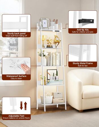 Ярусна вузька полиця-драбина зі світлодіодним підсвічуванням, сенсорним керуванням та дистанційним керуванням, 3 колірні температури, висока окремостояча полиця з регульованою яскравістю, виготовлена з металу та дерева для вітальні, спальні, офісу, біла, 