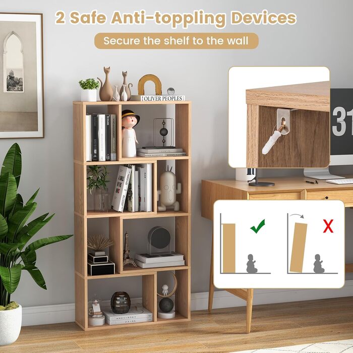 Книжкова полиця GIANTEX з 8 відділеннями, полиця-перегородка кімнати 60 x 20 x 120 см, дерев&39яна окремостояча полиця з 2 запобіжниками, кубічна полиця для вітальні та дитячої кімнати (натуральний колір)
