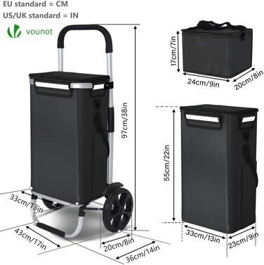 Алюмінієвий складаний візок для покупок 58л з водонепроникною сумкою та термо-відсіком, 2 великих колеса з брудозахисними крилами, складаний візок-драбина, чорний 58л