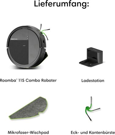 Робот-пилосос з функцією вологого прибирання iRobot Roomba 115 Combo, потужність всмоктування 15к Па, навігація Clearview LiDAR, чорний