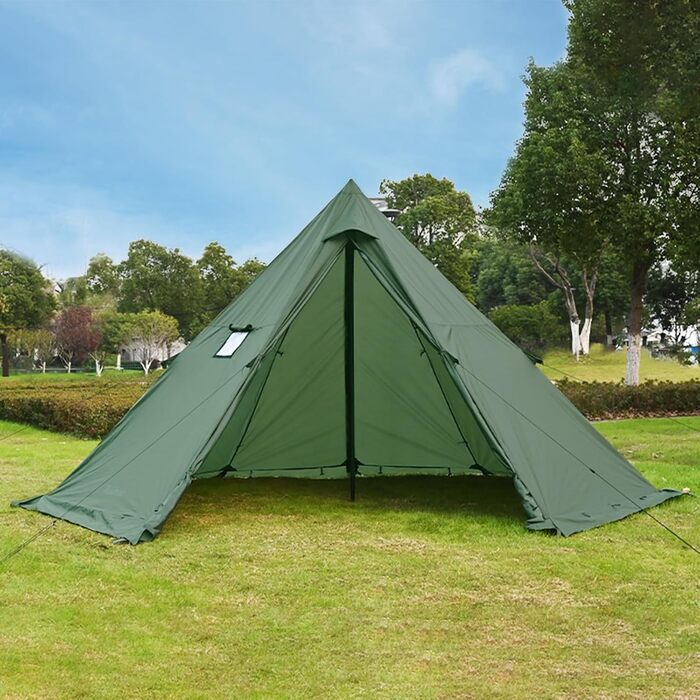 Намет-тіпі з отвором для плити та снігозахисною спідницею, водонепроникний намет-тіпі на 4 особи для сімейного кемпінгу, пірамідальний намет на 4 сезони для походів, активного відпочинку, трекінгу, полювання, риболовлі, зелений