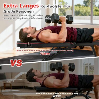 Силова лава XDDIAS, регульована в 10 напрямках тренувальна лава з подовженим підголівником, складна до 360 кг, лава з нахилом, горизонтальною поверхнею та нахилом для домашнього фітнесу, компактна фітнес-лава для невеликих будинків