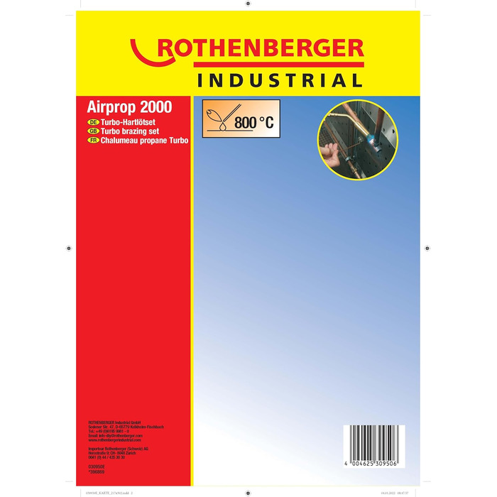 Промисловий 5-елементний високопродуктивний турбопаяльний набір паяльників ROTHENBERGER, включаючи 2-метровий пропановий шланг та аксесуари Паяльний пальник Паяльник Робоча температура 800C М&39яке паяння Тверде паяння 030950E Робоча температура 750C