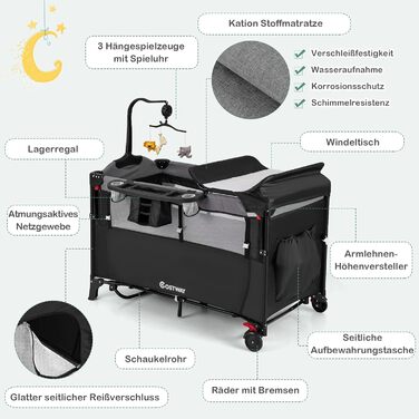 Дитяче ліжечко COSTWAY 5-в-1 120 x 60 см, 2-рівневе дорожнє ліжечко з матрацом, пеленальний килимок, іграшки, музична скринька та сумка для перенесення, складне бічне ліжко, мобільне, 4-рівневе регулювання для дітей вагою до 15 кг (чорне)