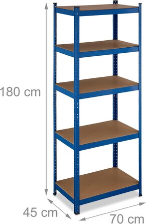 Надміцний стелаж Relaxdays, висота та ширина 180x70x45 см, 500 кг, сталь та МДФ, 5 полиць, модульна полиця для зберігання, підвал, гараж, синій