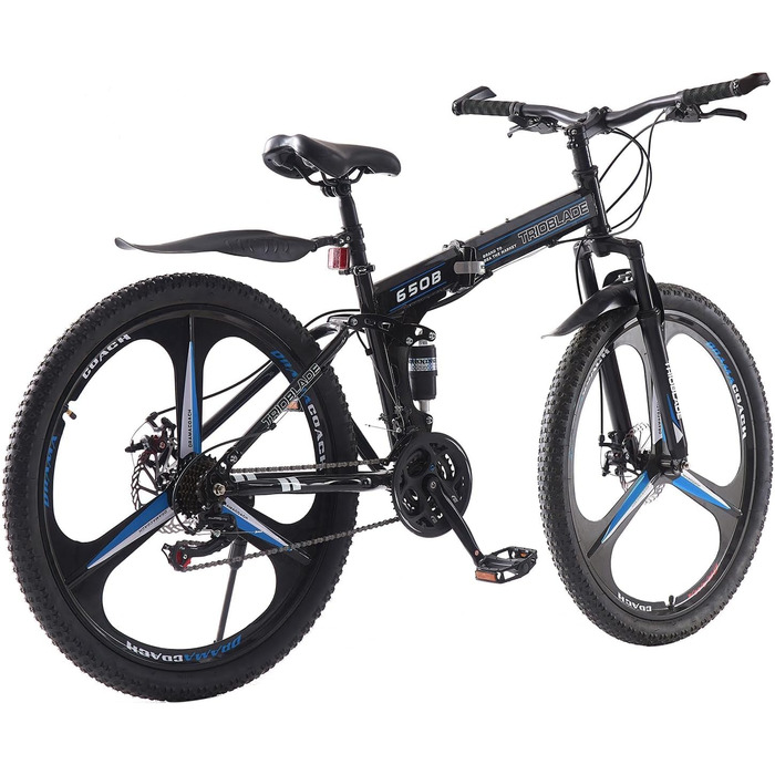 Складаний велосипед LSLIFE 27,5 дюймів, 21 швидкість, професійний кузов, алюмінієва рама, подвійні дискові гальма, передня підвіска, гірський велосипед для чоловіків/жінок, 27,5 дюймів, чорний/синій