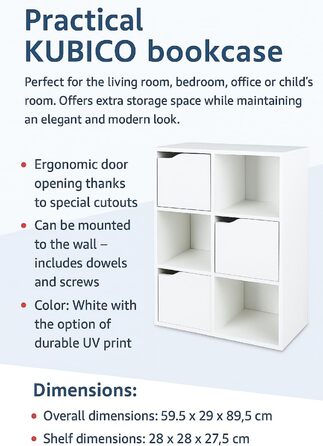 Книжкова шафа, Дитяча полиця, Полиця для іграшок, Дитяча гардеробна Біла книжкова шафа з 6 полицями, Рішення для зберігання Дитяча кімната, вітальня та офіс 59,5x29x89,5 см