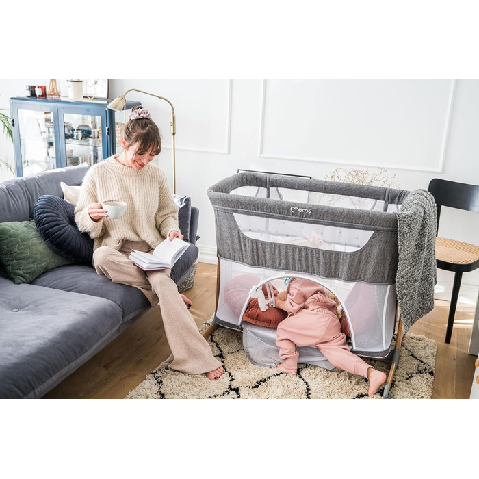 Дитяче ліжечко Momi SMART Bed 4-в-1 до 15 кг, приліжкове ліжечко для немовлят з матрацом, регульована висота, сірого кольору, одномісне