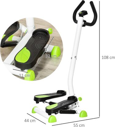 Степер HOMCOM Fitness Swing з РК-екраном та ручкою, домашній тренажер до 100 кг, сталь ABS, 55 x 44 x 108 см, зеленийчорний