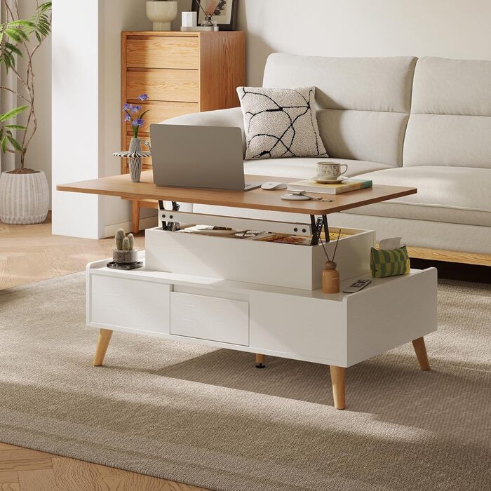 Журнальний столик з регульованою висотою та місцем для зберігання, стіл для вітальні з 2 великими шухлядами, диванний столик 60 x 100 см