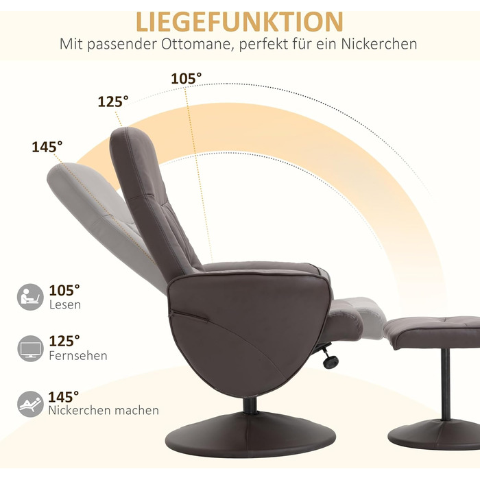 Крісло-реклайнер HOMCOM з підніжкою, поворотне на 360 крісло для телевізора з функцією відкидання, крісло для телевізора для вітальні, спальні, штучна шкіра, коричневий колір