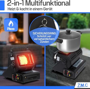 Портативний керамічний газовий обігрівач та плита ZMC 2-в-1 1,3 кВт, з підключенням для зрідженого газу 20 газових картриджів, кемпінгова плита з п&39єзорозпалом, кемпінговий обігрівач, газовий обігрівач для використання на вулиці, в наметах, на терасах, 