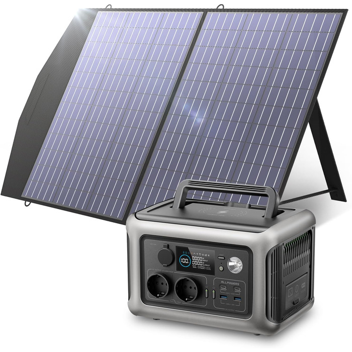 Сонячний генератор ALLPOWERS R600, акумулятор LiFePO4 ємністю 299 Втгод, 2 x 600 Вт (пікова потужність 1200 Вт) змінного струму, портативна електростанція із сонячною панеллю 100 Вт, мобільне джерело живлення для саду, подорожей, кемпінгу, автофургонів, а