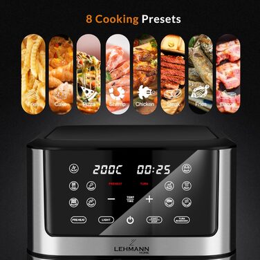 Фритюрниця Lehmann LHODF-1880B XXL 8 літрів, фритюрниця 1800 Вт з регулюванням температури до 200C, фритюрниця з 10 програмами, таймер, здорова їжа без олії, випічка, смаження, дегідратація