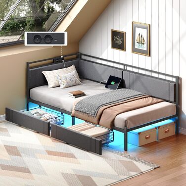 Диван-ліжко HOOBRO 90 x 200 см з 2 шухлядами, рейкова основа, каркас ліжка, м&39яке ліжко із зарядною станцією та світлодіодним освітленням, м&39яке ліжко, односпальне ліжко, для спальні, сірий та чорний EBG81CDBF01