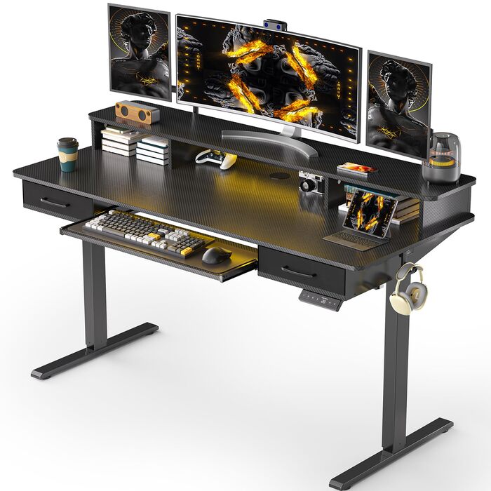 Електричний стіл з регульованою висотою та підставкою для клавіатури, 140x60 см, з 2 шухлядами, комп&39ютерний стіл з підставкою для монітора для домашнього офісу, чорний, 140 x 60 см з підставкою для клавіатури