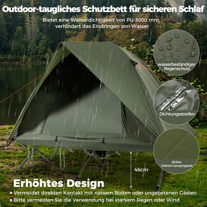 Розкладне ліжко COSTWAY з наметом для 2 осіб, кемпінгове ліжко з дощовиком, 2 сітчасті двері, мансардний вікно та сумка на колесах, кемпінговий шезлонг, вантажопідйомність 300 кг, 194 x 145 x 150 см, зелений