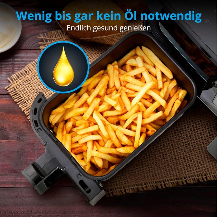 Фритюрниця MEDION P20 XXL з 2 камерами (8,7 літрів, 2 600 Вт, подвійна камера, 9 автоматичних програм, 2 висувні ящики, оглядове вікно, подвійна фритюрниця, подвійне приготування та функція синхронізації) Чорний