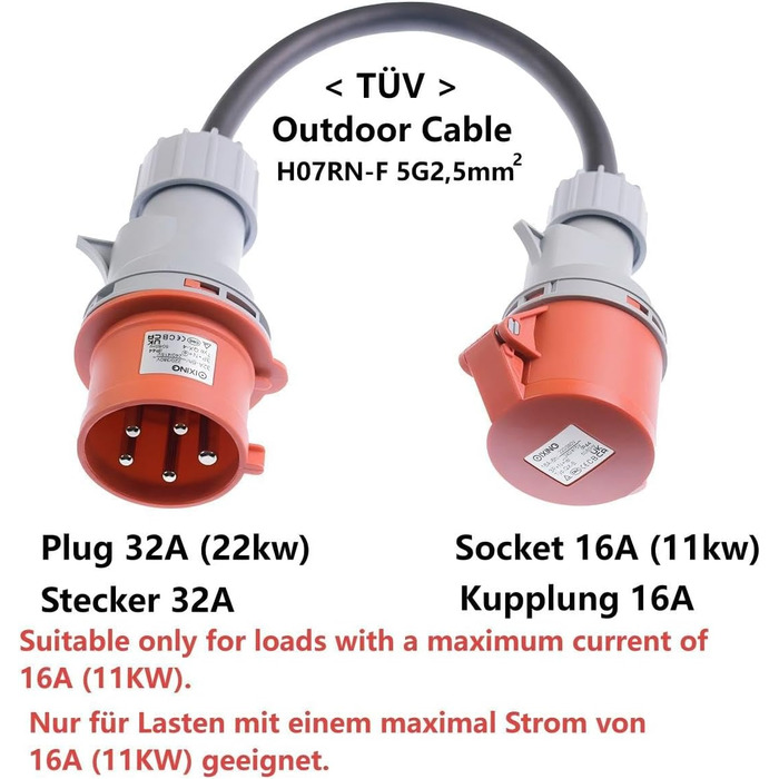 Перехідник CEE з вилки 32A на розетку 16A із захисною кришкою, 3 фази, 5 контактів, водо- та пилозахист IP44, портативний, підходить для промислового та приватного використання (32-16)