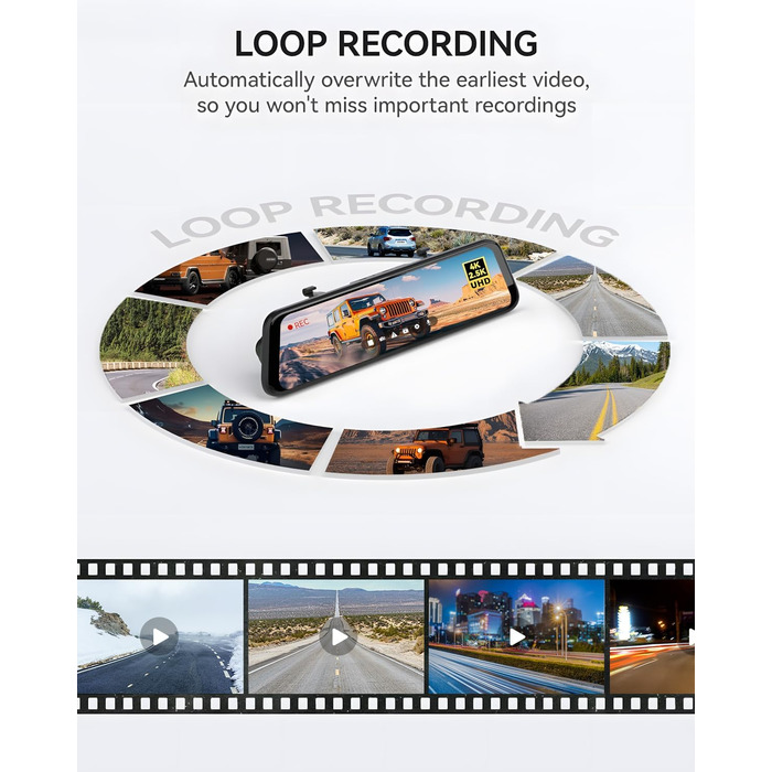 Для дзеркала заднього виду відеореєстратор для переднього та дзеркала заднього виду для автомобіля з екраном 12 дюймів, камерою WDR, нічним баченням, GPS та безкоштовною картою на 64 ГБ (G900), 4K 2.5K