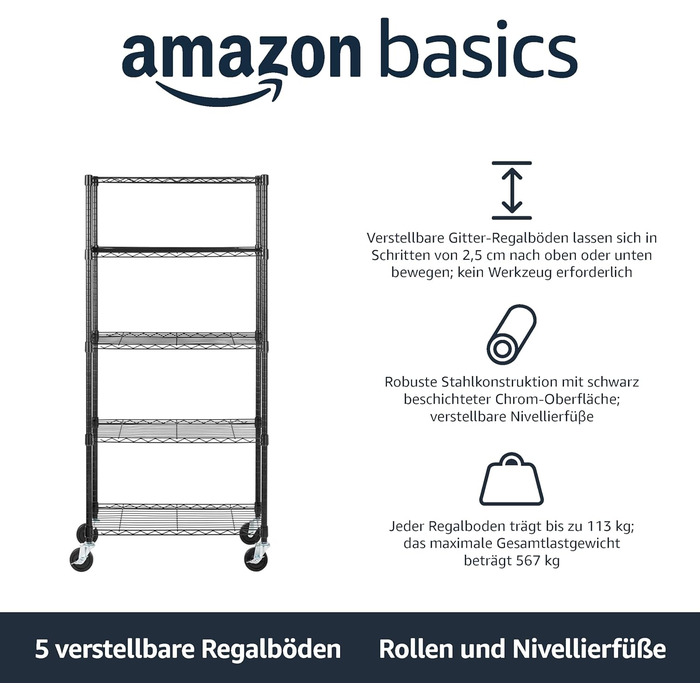 Блок для зберігання Storeo Basics з 5 полицями, на колесах 10,2 см, з регульованими по висоті полицями та ніжками, максимальна вага 680 кг, чорний, 35,6 x 76,2 x 162,2 см (Г x Ш x В) чорний 30Д x 14Ш x 64,75В з колесами