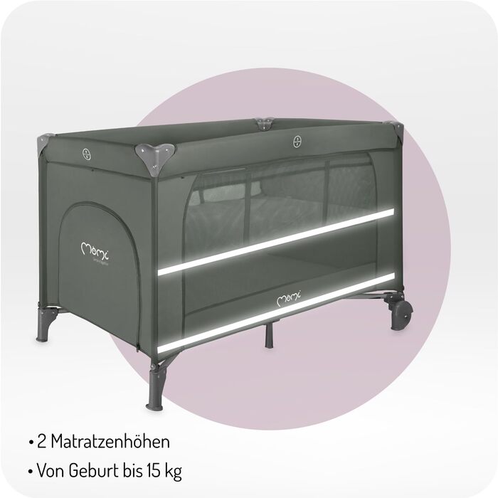 Дитяче та дитяче дорожнє ліжечко MoMi BELOVE PLUS 2-в-1, складне, 2 рівні для сну для немовлят до 9 кг та дітей до 15 кг з дитячим матрацом, ігровою ручкою, пеленальний килимок та сумка для перенесення, темно-зелений