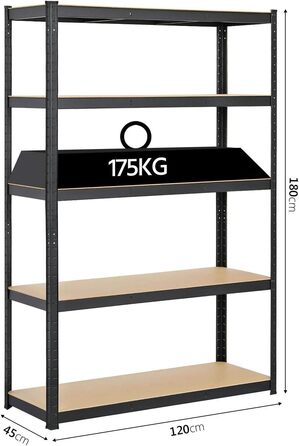 Стелаж Yaheetech для важких умов експлуатації, 180 x 120 x 45 см, 5 полиць, металева полиця, максимальне навантаження 875 кг, чорний