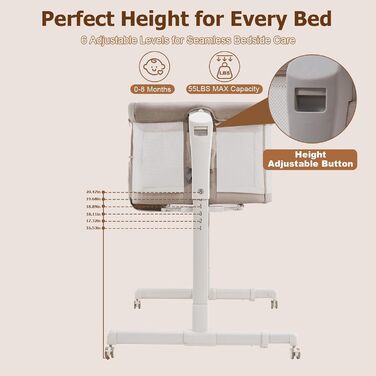 Дитяча колиска 3-в-1 &quotПоруч зі мною&quot для новонароджених, ліжко-гойдалка з бічним ліжком, дихаючою сіткою та безшумними поворотними колесами на 360 з фіксатором, регульована на 6 рівнів висоти, вівсянка