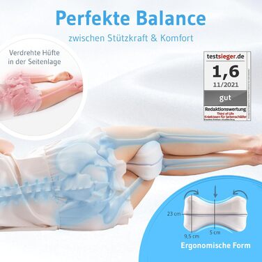 Подушка для колін для тих, хто спить на боці, ортопедична подушка для ніг для оптимальної пози під час сну, ергономічна опорна подушка з в&39язкопружного пінополіуретану з ефектом пам&39яті, дихаюча та пральна оббивка 23,5x9,5 см білого кольору