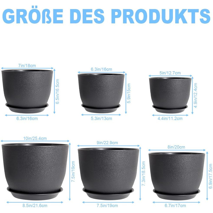 Квітковий горщик, упаковка з 6 горщиків з блюдцем, кашпо 25/23/20/18/16/13 см, квіткові горщики з дренажними отворами та лотками, набір квіткових горщиків ідеально підходить для кімнатних садів та балконів (чорний)