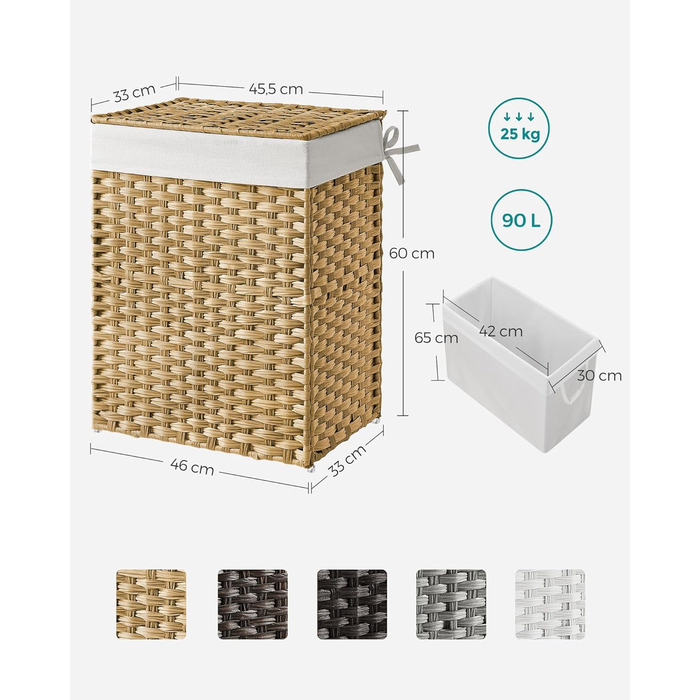 Кошик для білизни 90 літрів, ручне плетіння, з синтетичного ротангу, з кришкою та ручками, складаний, знімний мішок для білизни, н