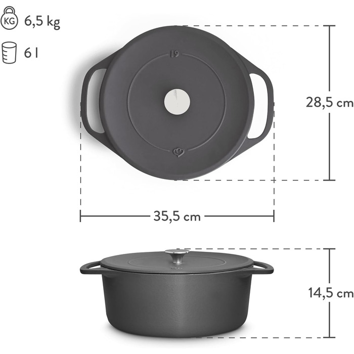 Кокотниця з кришкою, сіра, кругла, 28 см, 6 л, чавунна жаровня, індукційна каструля. 28 см сіра