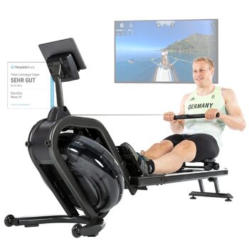 Водний гребний тренажер Skandika Nemo IV Водний гребний тренажер студійної якості для домашнього використання, сертифікований TV Sd, Kinomap, тримач для планшета, стійкий Водостійкий гребний тренажер, чорний