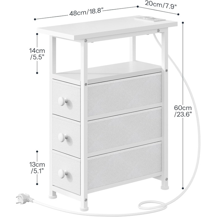 Приліжкова тумба HOOBRO із зарядною станцією, 1 стандартна розетка, 2 USB-порти, вузька бічна тумба, 3 шухляди з нетканого матеріалу, відкрите відділення, для вітальні, спальні, білий EWW482CBZ01