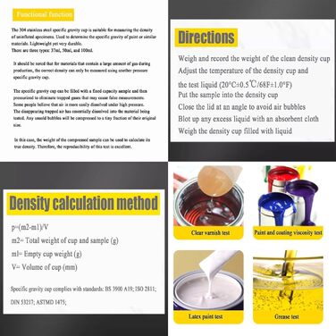 Чашка для вимірювання питомої ваги фарби об&39ємом 37/50/100 мл, високоточний вимірювач щільності з нержавіючої сталі, рідинний пікнометр, для визначення питомої ваги фарби або подібних матеріалів 100 мл