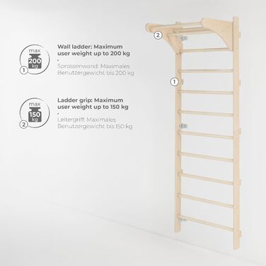 Скелелазний майданчик з турніком для дорослих (230 см), дерев&39яний скелелазний майданчик, багатофункціональне фітнес-обладнання, драбина для лазіння для дорослих та дітей, 100 екологічно чистий, виготовлено в ЄС з кільцями для гімнастики