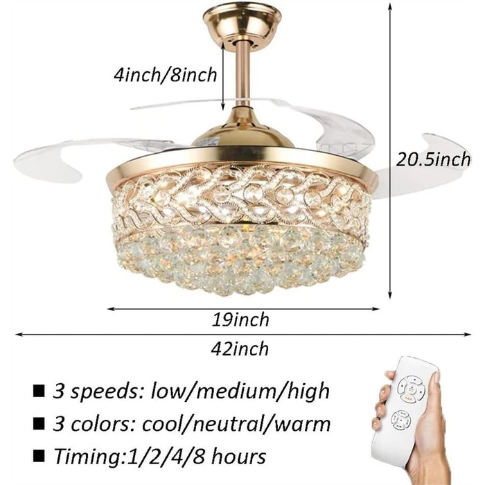 Тихий вентилятор лампа кришталевий стельовий вентилятор зі світлом 3 швидкості 3 кольори з пультом дистанційного керування вентиля