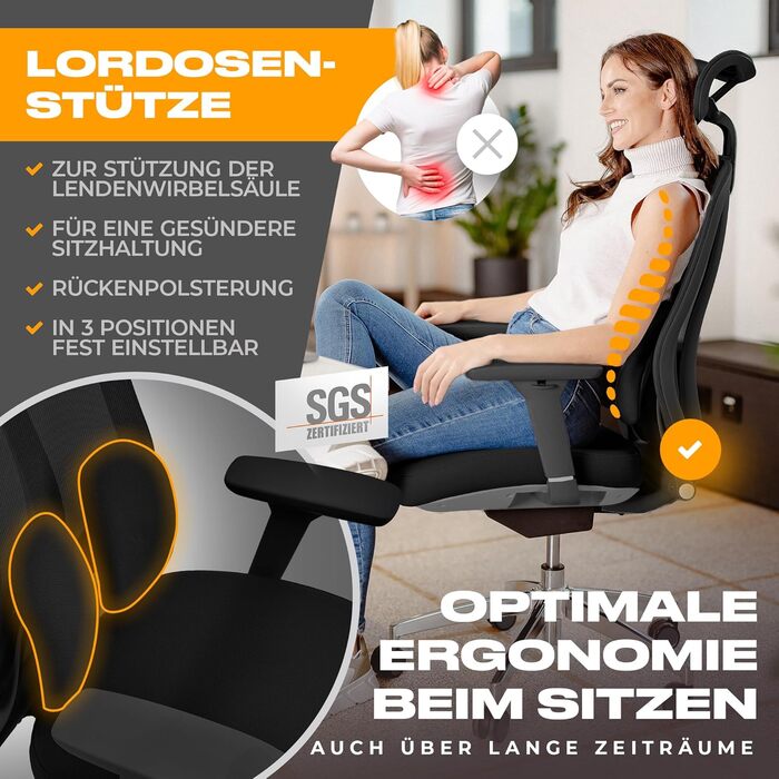 Ергономічне офісне крісло, переможець тесту, стілець для роботи регульована підтримка голови та попереку Ергономічне офісне крісло з підлокітниками Офісне крісло з колесами, зручне для спини, до 150 кг, чорний колір