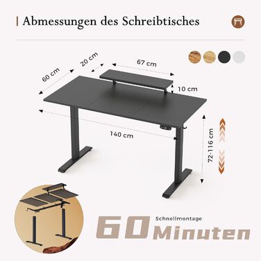 Стіл Klicelor з регульованою висотою та рухомою підставкою для монітора, 140x60 см, стіл для роботи сидячи/стоячи з 2 кнопками пам&39яті, 3-секційна стільниця, комп&39ютерний стіл, чорний 140 x 60 см
