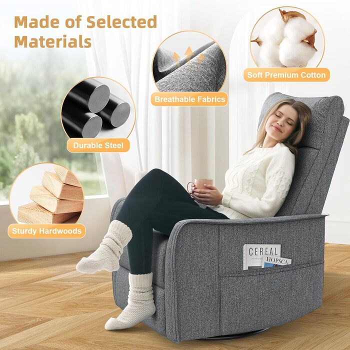 Крісло для телевізора/масажне крісло з функцією відкидання, крісло для релаксації з підігрівом та масажем, крісло для телевізора з поворотом на 360 для вітальні, крісло-гойдалка з м&39яким підголівником, 2 бічні кишені, сірий