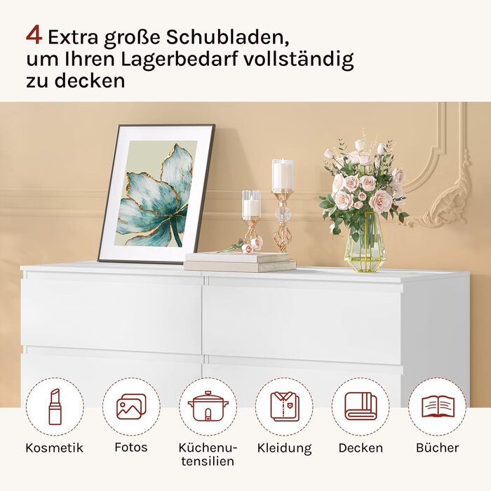 Білий комод великої місткості, буфет з 4 шухлядами, комод для спальні, вітальні, 60x40x90 см