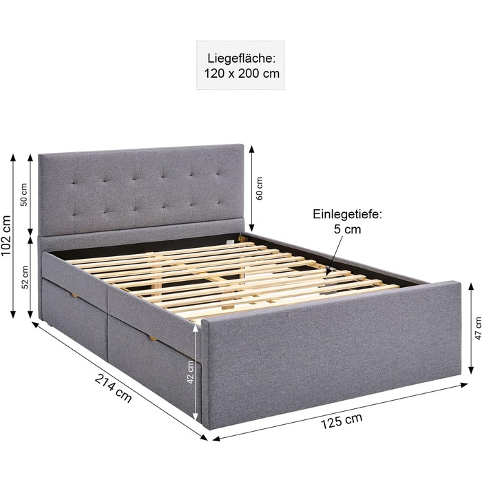 Ліжко Homestyle4u 120x200 з ящиком для зберігання, рейкова основа, м&39яке ліжко, сіра тканина, двоспальне ліжко, каркас ліжка, 2 шухляди Артикул 1979 120 x 200 см