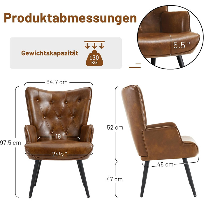 Крісло з відкидною спинкою, крісло для вітальні, реклайнер у скандинавському стилі, штучна шкіра з високою спинкою, крісло для відпочинку, м&39яке крісло для вітальні, спальні, кабінету, гостьової кімнати, коричневе