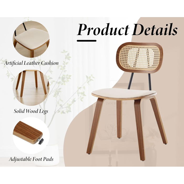 Обідні стільці з ротанга, комплект з 2 шт. , кухонний стілець з дерев&39яними ніжками, стілець з ротанга, сидіння зі штучної шкіри, м&39який стілець для їдальні, бежевий