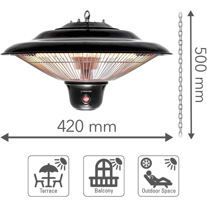 Стельовий радіаційний обігрівач TROTEC Design IR 1500 SC для патіо Інфрачервоний радіаційний обігрівач 3 режими нагріву 500 Вт / 1000 Вт / 1500 Вт Корисна площа 10 м Стельовий монтаж Енергоефективний